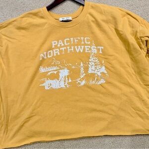 Yellow Graphic Long Sleeve Cropped Tee with Pacific Northwest Print - Size XXL